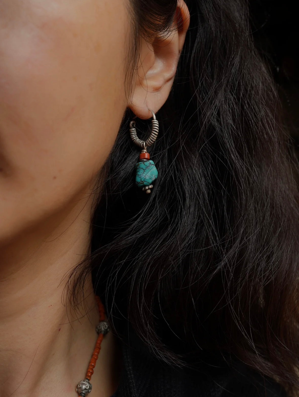 Tibetan turquoise & red coral Sterling silver earrings