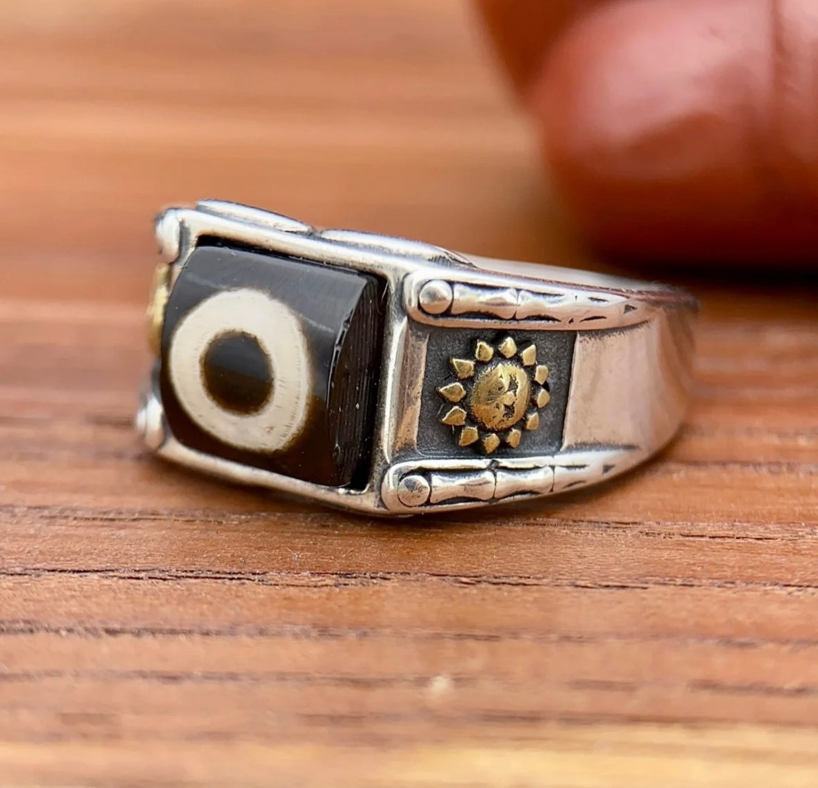 Tibetan Handcrafted Sun-Moon Dzi Bead Ring
