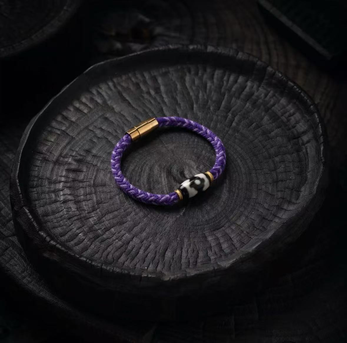 Simplistic Tibetan Dzi Bead Purple Cord Bracelet