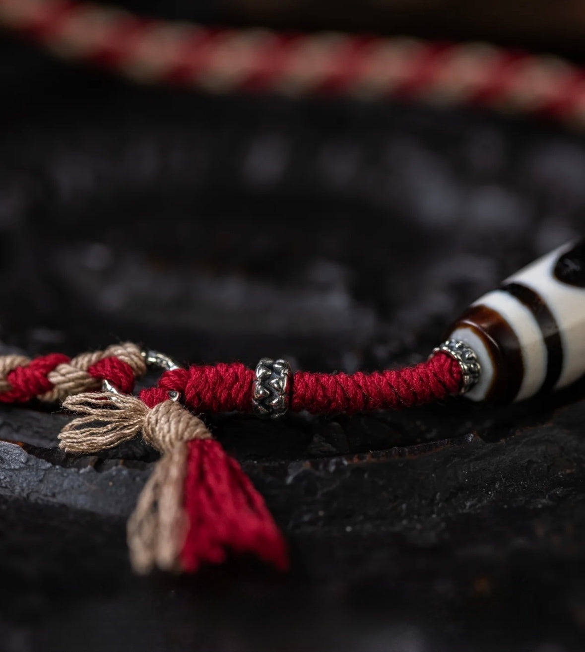Tibetan Tiger Tooth Dzi Bead & Vajra Adjustable Cord Necklace