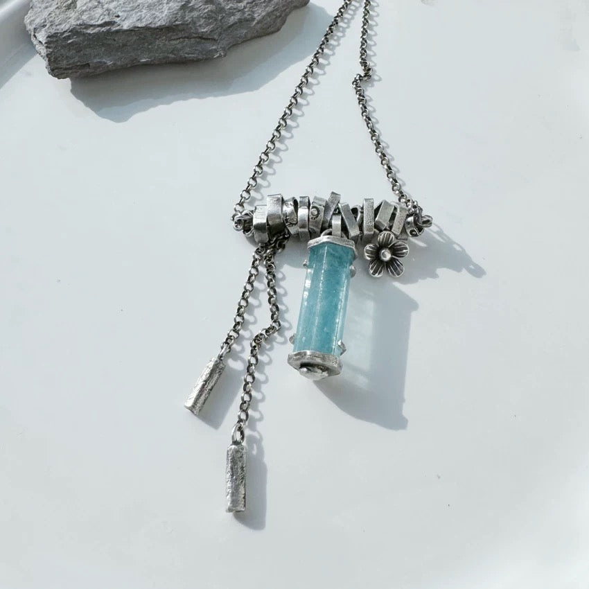 Purifying & Calming Aquamarine Pillar 925 Sterling Silver Necklace
