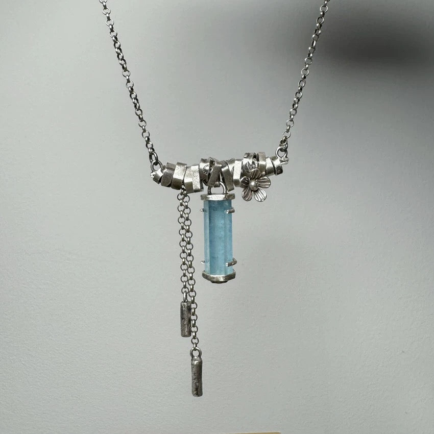 Purifying & Calming Aquamarine Pillar 925 Sterling Silver Necklace