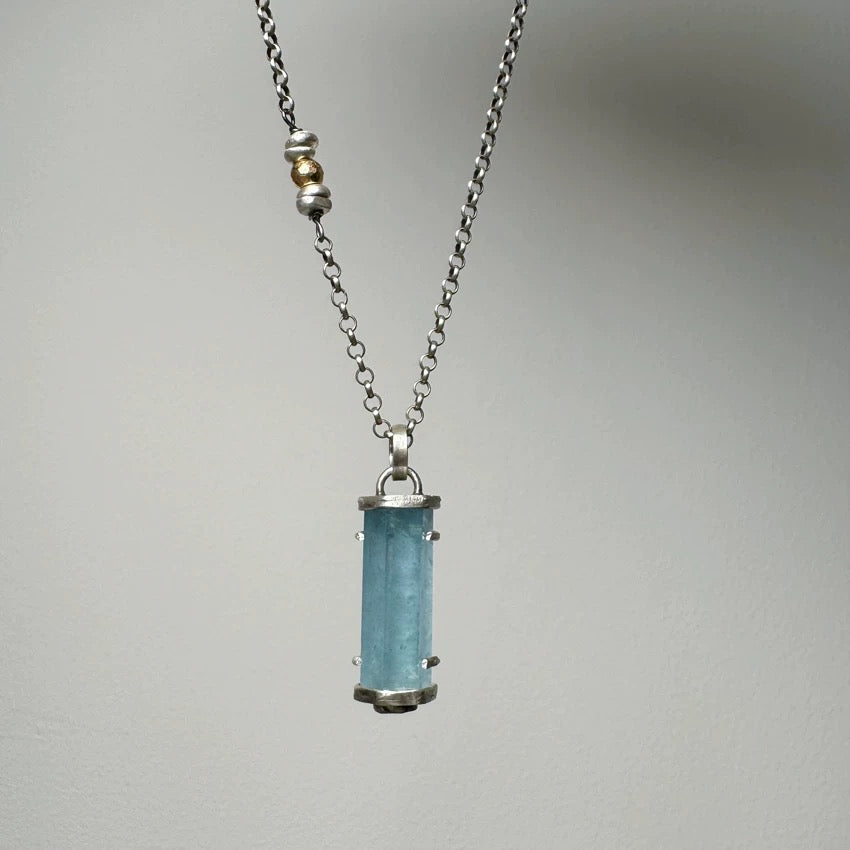 Purifying & Calming Aquamarine Pillar 925 Sterling Silver Necklace
