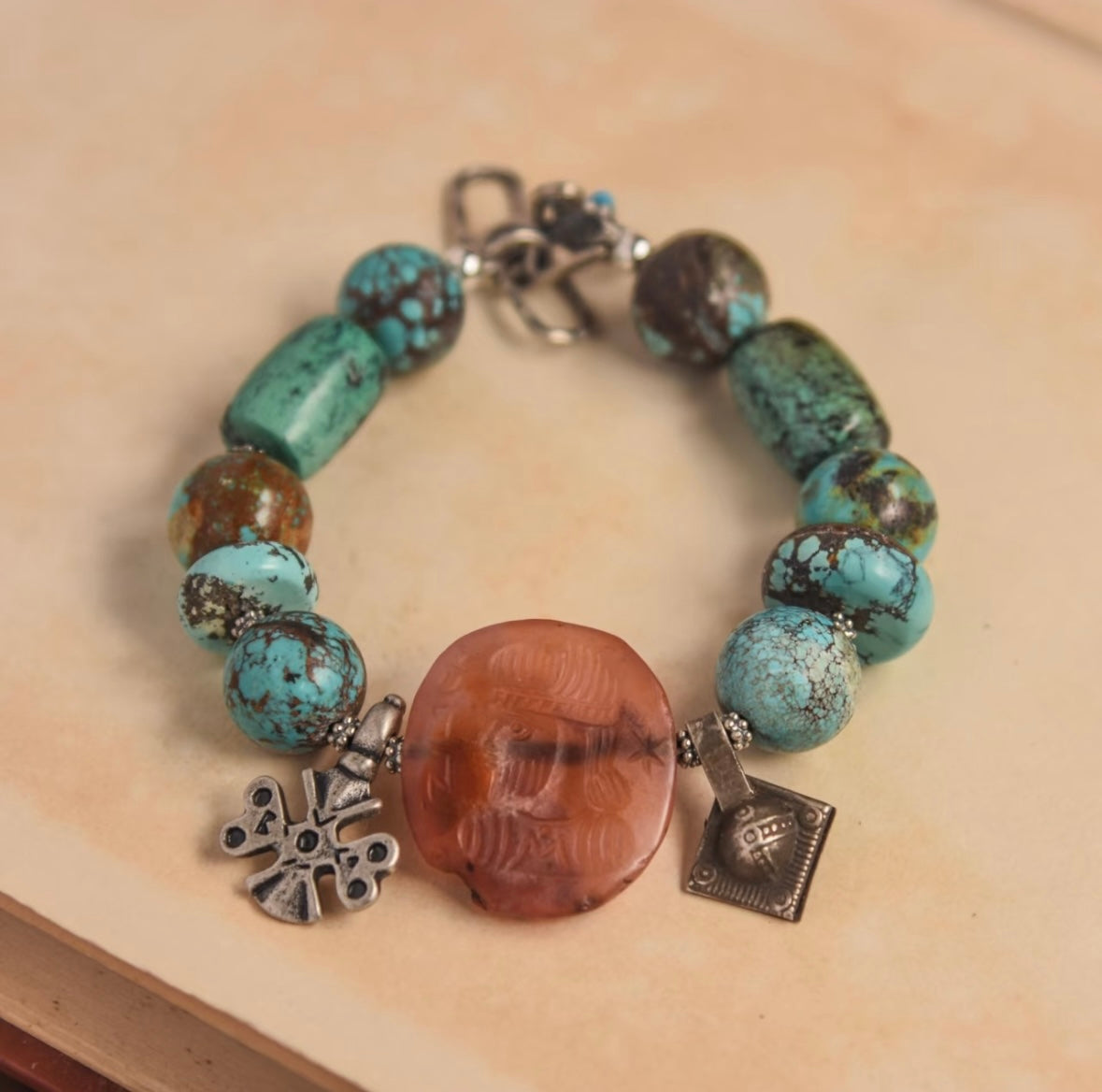 Handmade turquoise paired with Sassanid seal bracelet