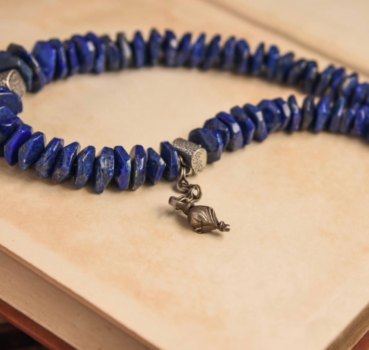 Tibetan style old mine lapis lazuli paired with 925 Sterling silver necklace