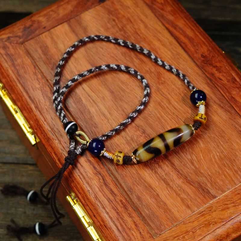 Tibetan Tiger Tooth Dzi Blessing-Collecting Braided Cord Necklace