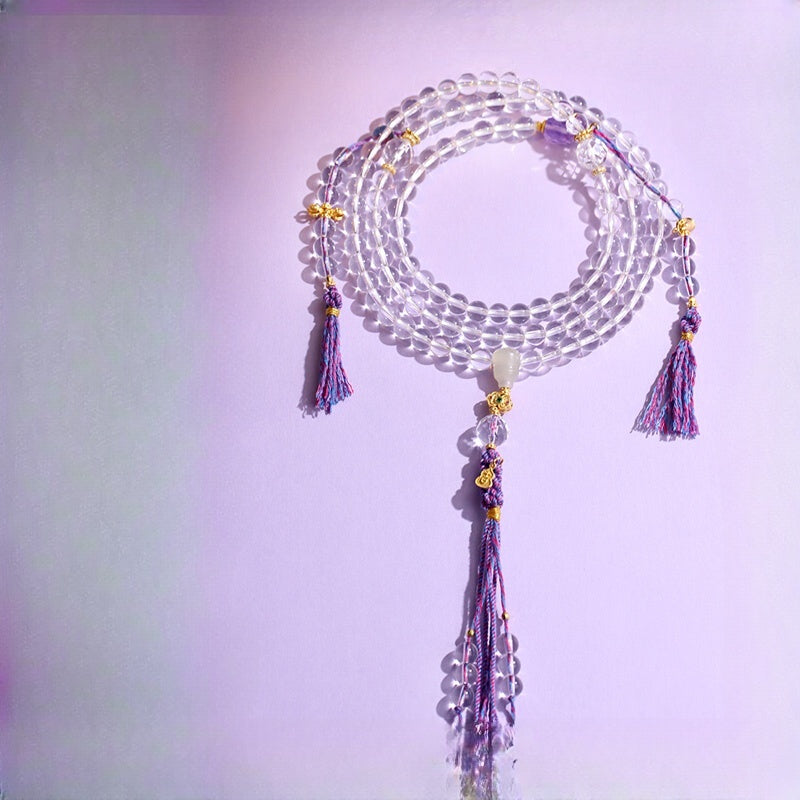 Tibetan 108 Clear Quartz Mala Bracelet(Necklace): Amethyst Crown & Celestial Harmony