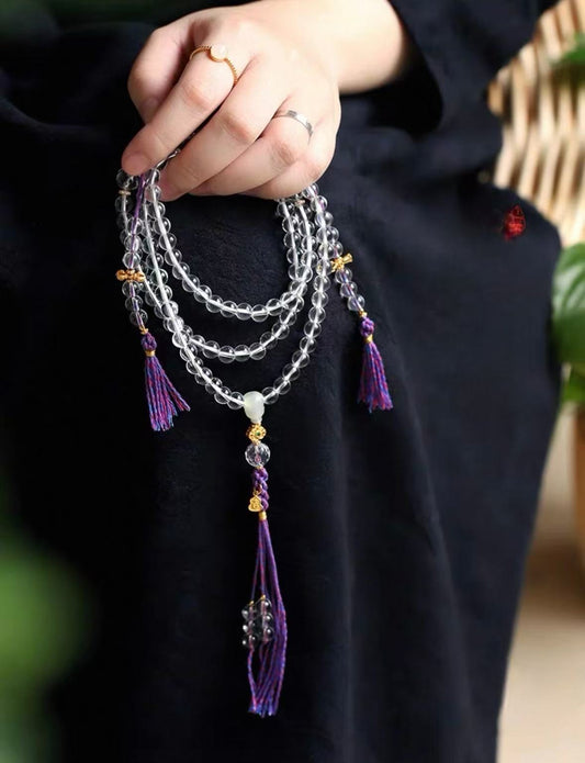 Tibetan 108 Clear Quartz Mala Bracelet(Necklace): Amethyst Crown & Celestial Harmony