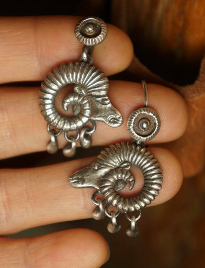 Tibetan Antelope Head Silver Dangle Earrings