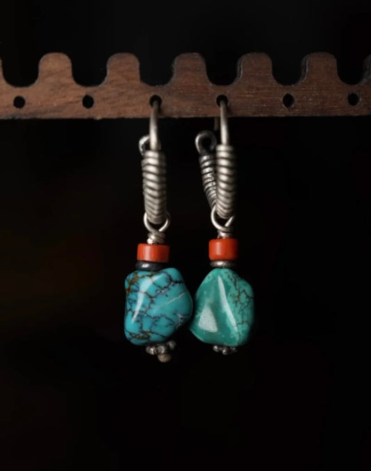 Tibetan turquoise & red coral Sterling silver earrings