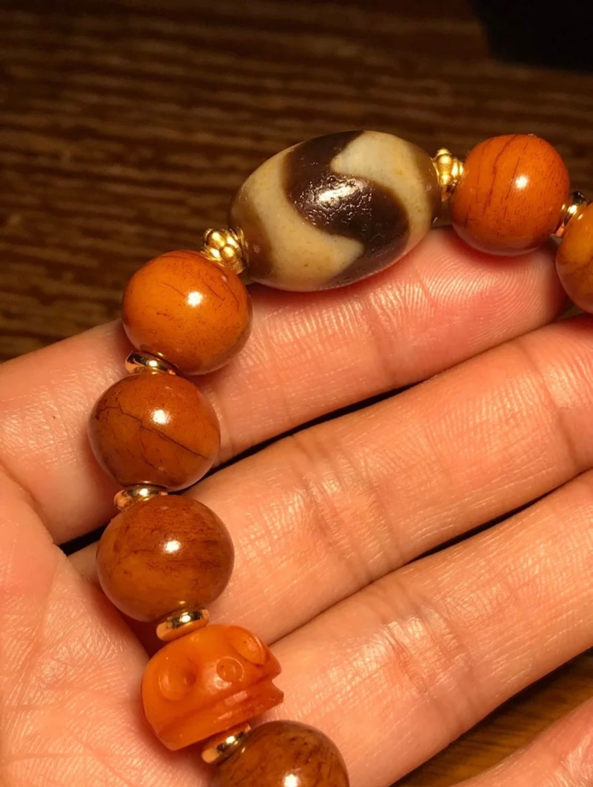 Tibetan Yak Bone & Tiger Eye Dzi Bead Multi-Treasure Bracelet