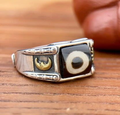 Tibetan Handcrafted Sun-Moon Dzi Bead Ring