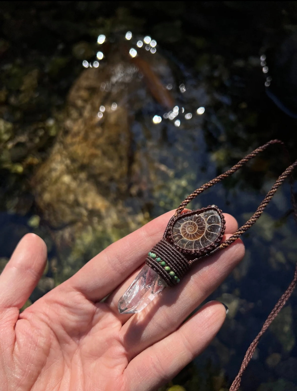 Himalayan Clear Quartz & Ammonite Fossil Necklace – Sacred Tibetan Energy Infused