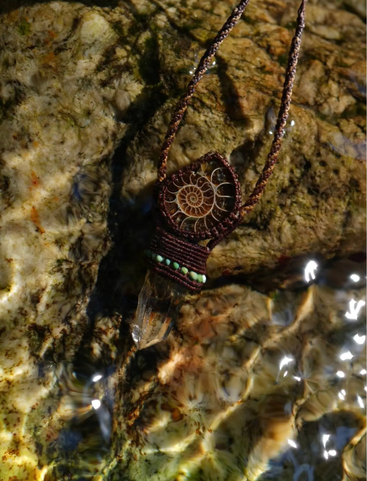 Himalayan Clear Quartz & Ammonite Fossil Necklace – Sacred Tibetan Energy Infused