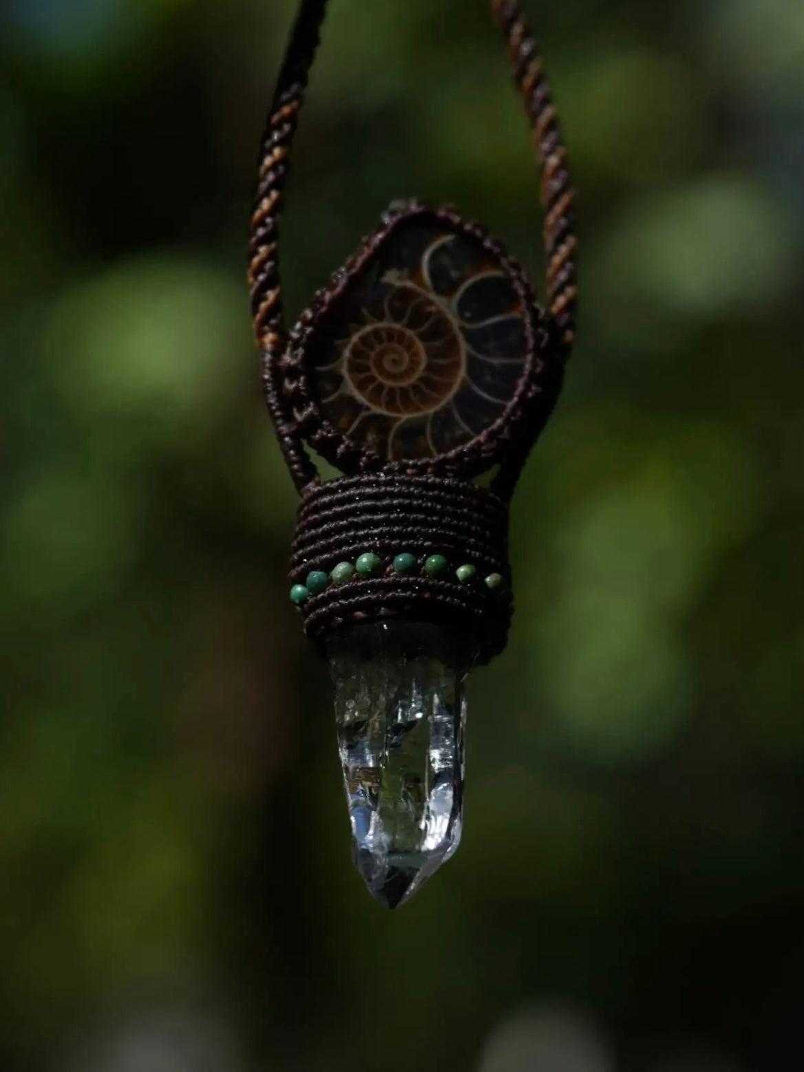 Himalayan Clear Quartz & Ammonite Fossil Necklace – Sacred Tibetan Energy Infused