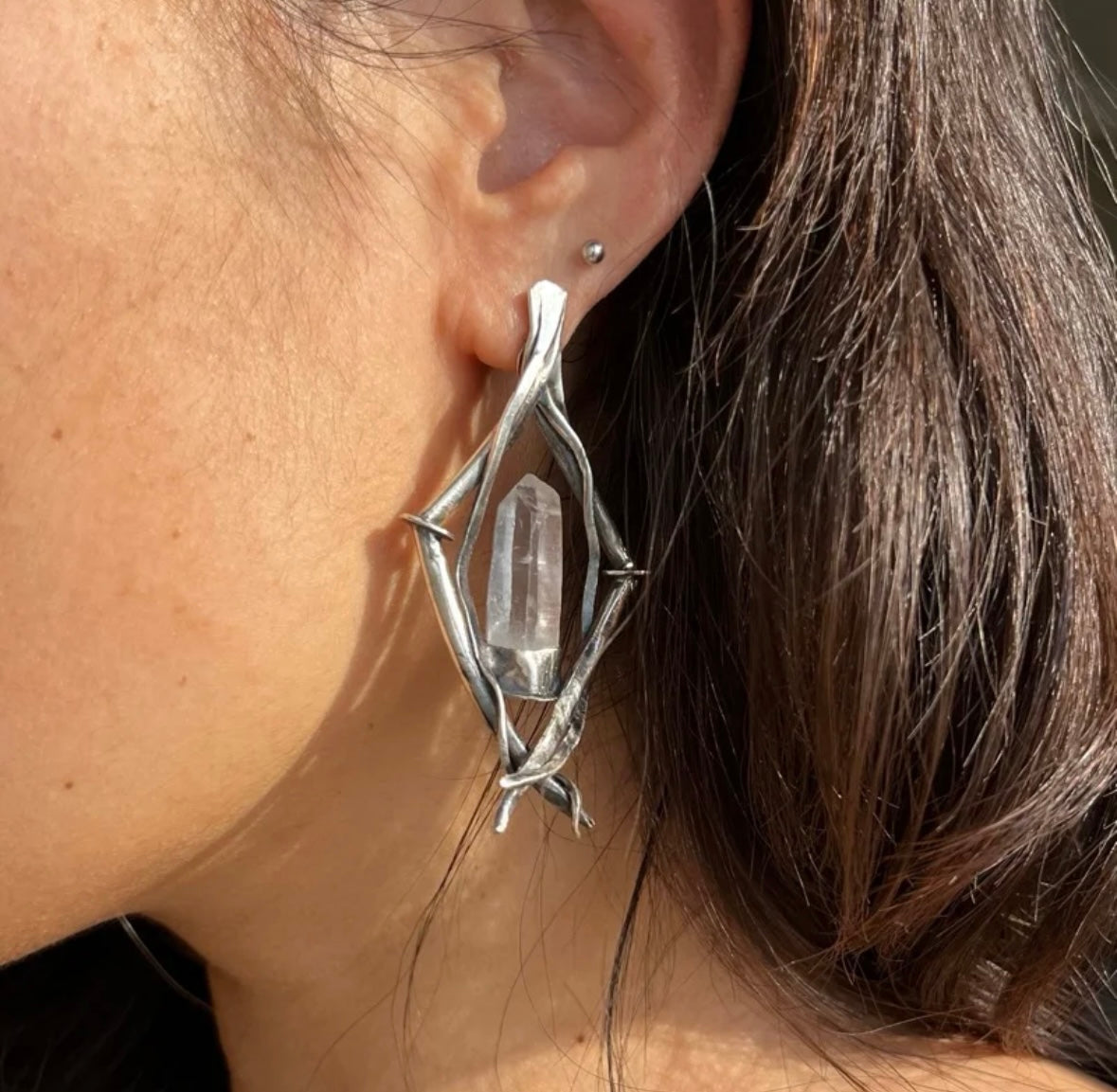 Tibetan Handcrafted Himalayan Clear Quartz Earrings – 925 Sterling Silver Sacred Flow