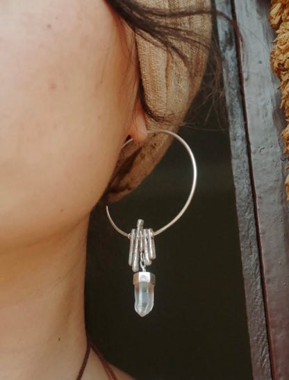 Tibetan Artisan-Crafted Himalayan Clear Quartz Earrings – 925 Silver Lunar Motion