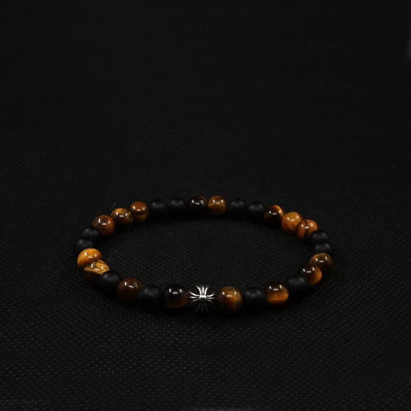 Tiger's Eye & Black Onyx Men's Bracelet with 925 Sterling Silver Cross