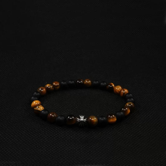 Tiger's Eye & Black Onyx Men's Bracelet with 925 Sterling Silver Cross