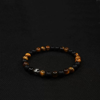 Tiger's Eye & Black Onyx Men's Bracelet with 925 Sterling Silver Cross