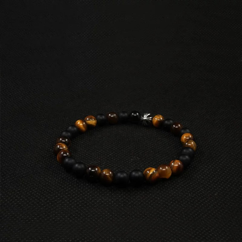 Tiger's Eye & Black Onyx Men's Bracelet with 925 Sterling Silver Cross