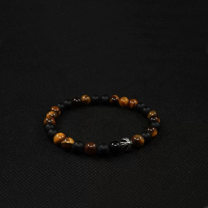 Tiger's Eye & Black Onyx Men's Bracelet with 925 Sterling Silver Cross