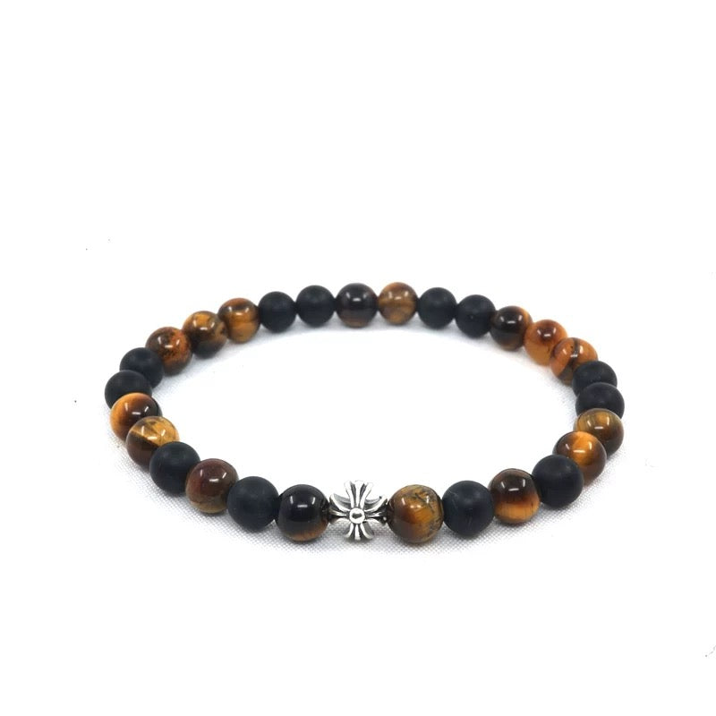 Tiger's Eye & Black Onyx Men's Bracelet with 925 Sterling Silver Cross