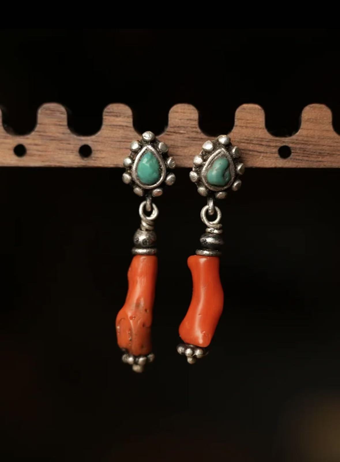 Tibetan Natural Red Coral & Turquoise Sterling Silver Earrings