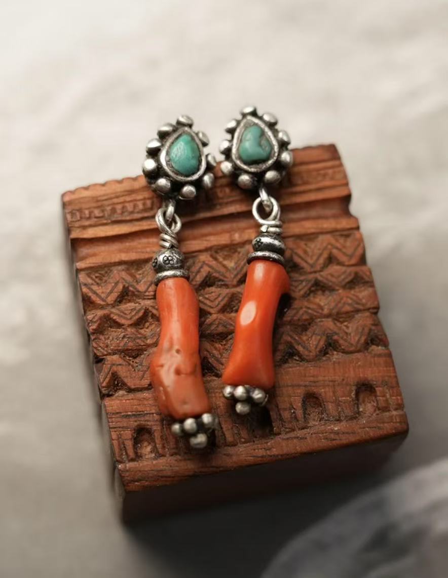 Tibetan Natural Red Coral & Turquoise Sterling Silver Earrings