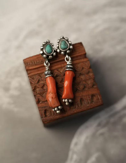 Tibetan Natural Red Coral & Turquoise Sterling Silver Earrings