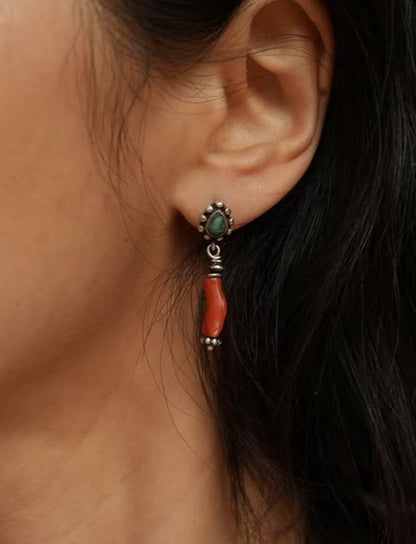 Tibetan Natural Red Coral & Turquoise Sterling Silver Earrings