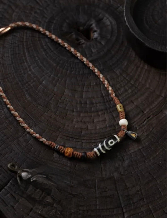 Tibetan Handmade Two-Eye Dzi Bead Necklace | One-of-a-Kind