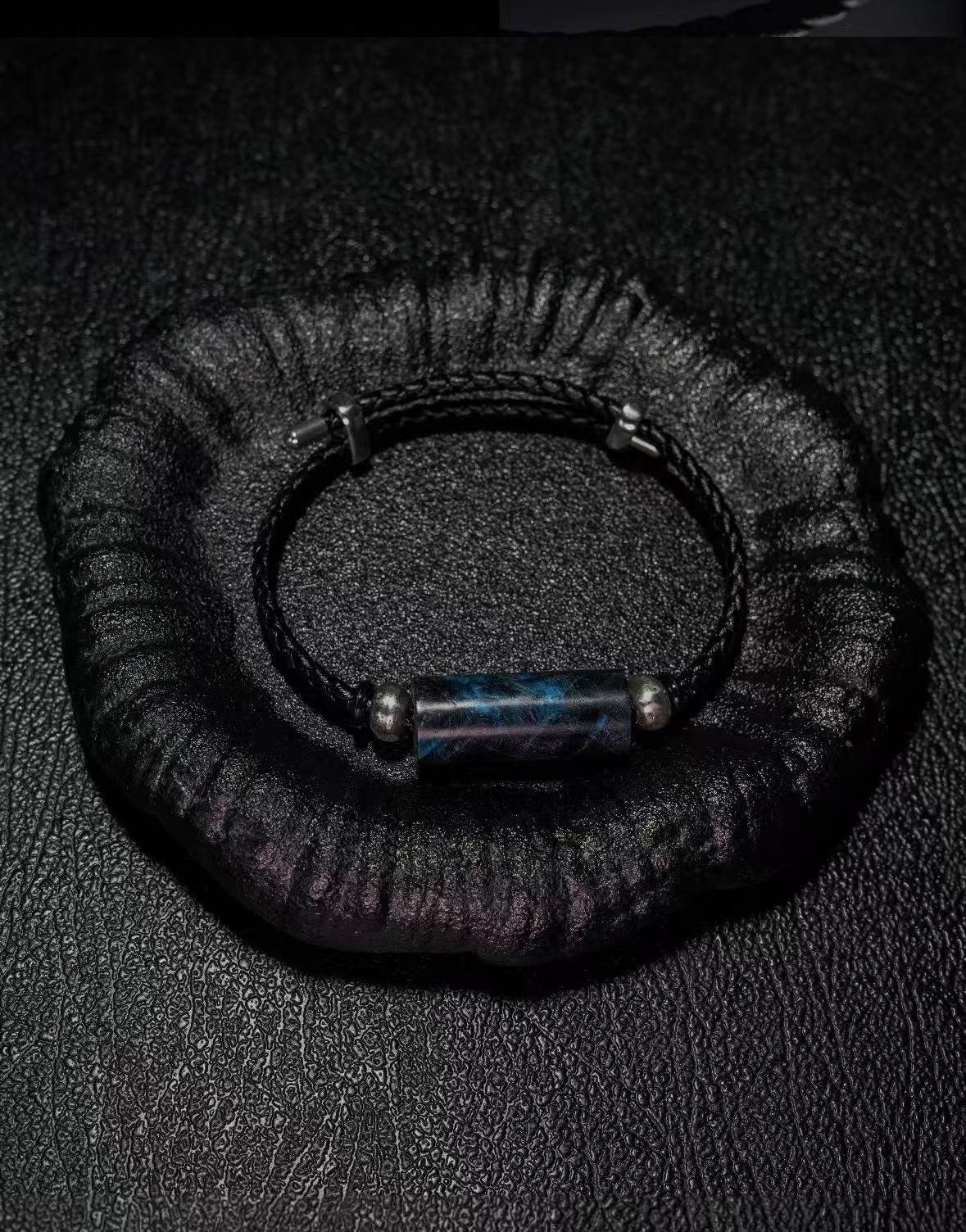 Black-Blue Stabilized Wood & Leather Bracelet