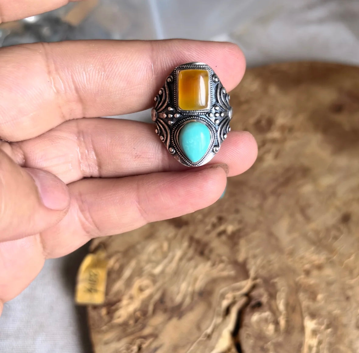 Tibetan Turquoise & Baltic Amber 925 Sterling Silver Ring