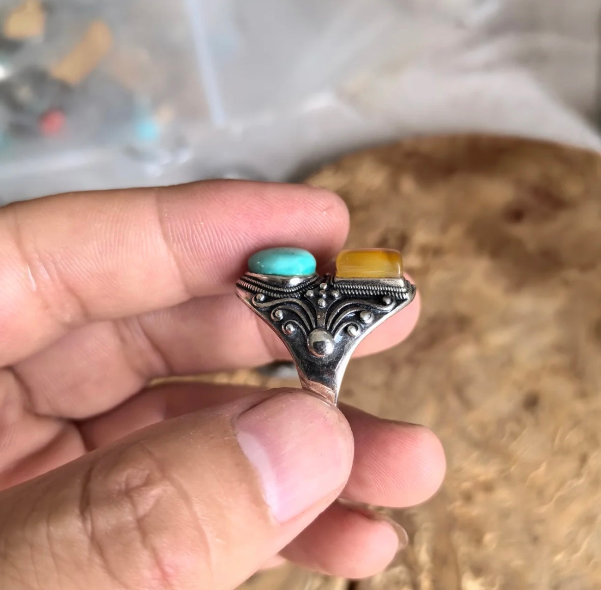 Tibetan Turquoise & Baltic Amber 925 Sterling Silver Ring