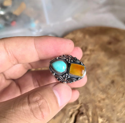 Tibetan Turquoise & Baltic Amber 925 Sterling Silver Ring