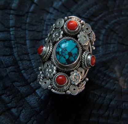 Tibetan Turquoise & Coral Adjustable 925 Sterling Silver Ring