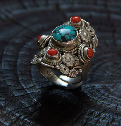 Tibetan Turquoise & Coral Adjustable 925 Sterling Silver Ring