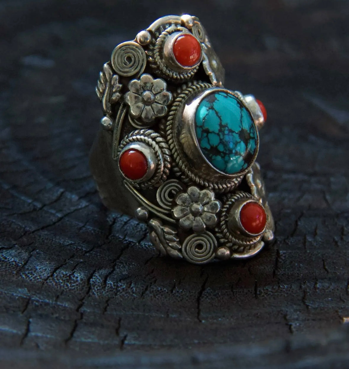 Tibetan Turquoise & Coral Adjustable 925 Sterling Silver Ring