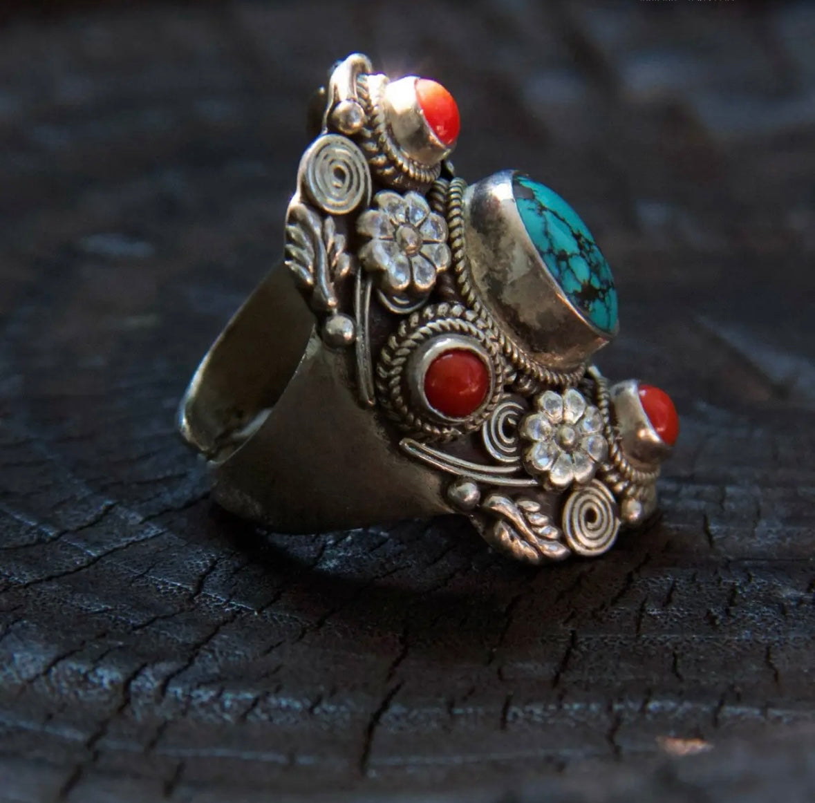 Tibetan Turquoise & Coral Adjustable 925 Sterling Silver Ring