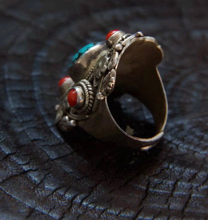 Tibetan Turquoise & Coral Adjustable 925 Sterling Silver Ring