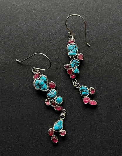 Tibetan Turquoise & Spinel Dangle Earrings