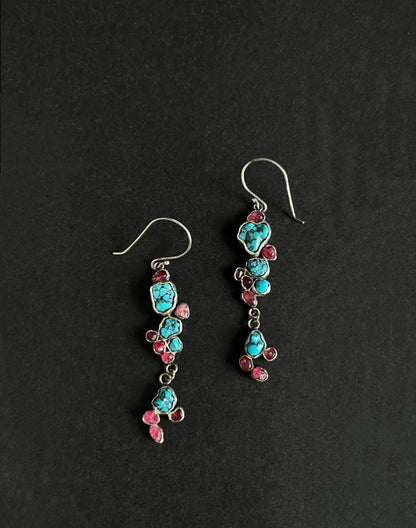 Tibetan Turquoise & Spinel Dangle Earrings