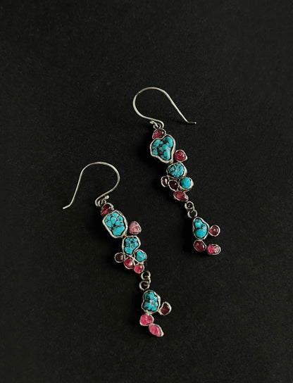 Tibetan Turquoise & Spinel Dangle Earrings