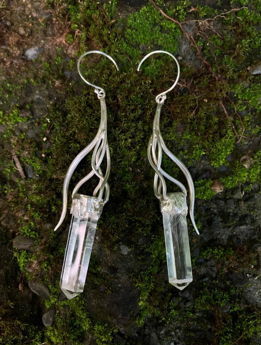 Tibetan Handmade Clear Quartz & 925 Sterling Silver Elfin Earrings