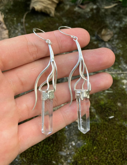 Tibetan Handmade Clear Quartz & 925 Sterling Silver Elfin Earrings