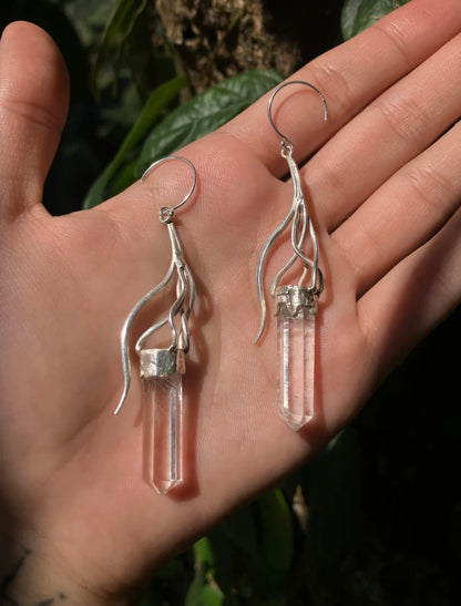 Tibetan Handmade Clear Quartz & 925 Sterling Silver Elfin Earrings