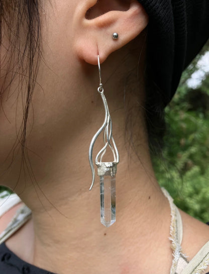 Tibetan Handmade Clear Quartz & 925 Sterling Silver Elfin Earrings