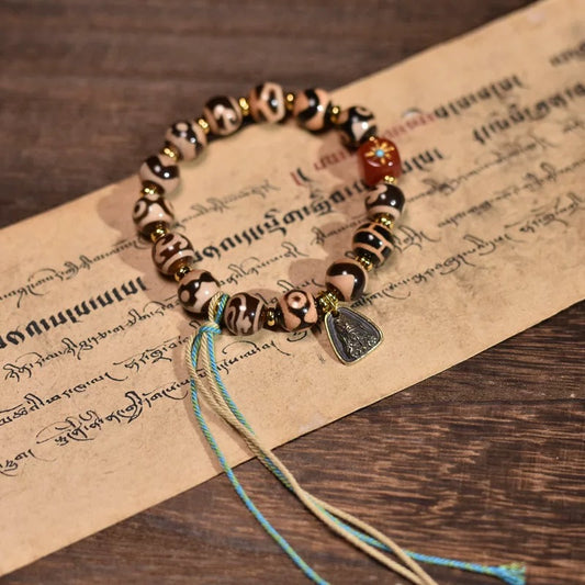 Tibetan Sacred Dzi Bead Mala Bracelet with Zhaxi Lhamo Amulet