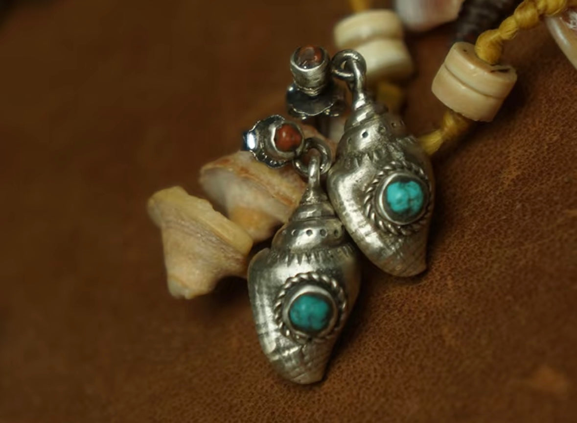 Tibetan Handcrafted Conch Shell & Turquoise Earrings